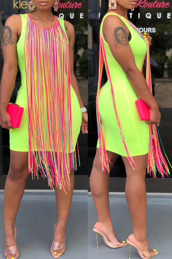 

Lovely Casual Tassel Design Green Mini Dress