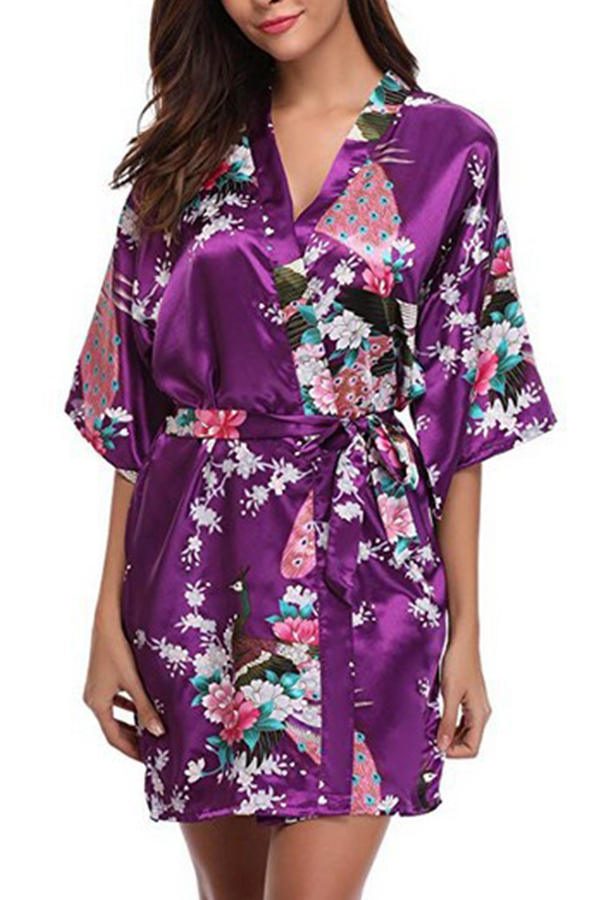 

Lovely Leisure V Neck Print Purple Sleepwear