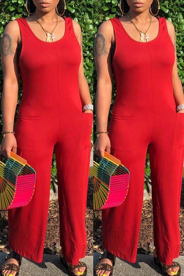 

Lovely Casual Pocket Patched Red One-piece Jumpsuit