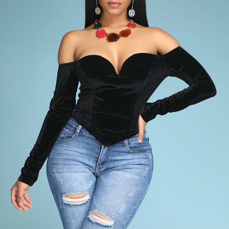 

Lovely Sexy Dew Shoulder Black Blouse