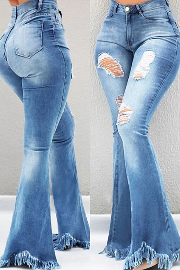 

Lovely Leisure Broken Holes Blue Jeans