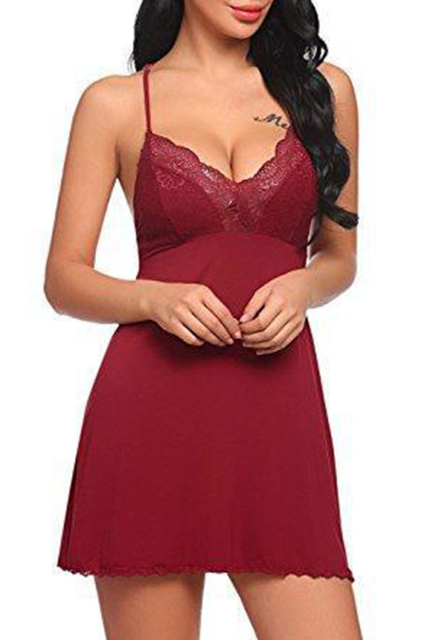 

Lovely Sexy Lace Patchwork Wine Red Sleepwear