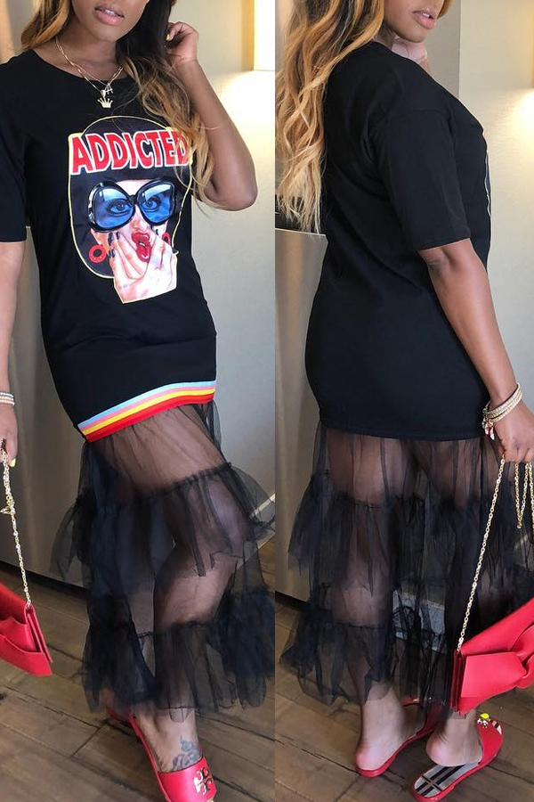 

Lovely Trendy Patchwork Black Ankle Length T-shirt Dress