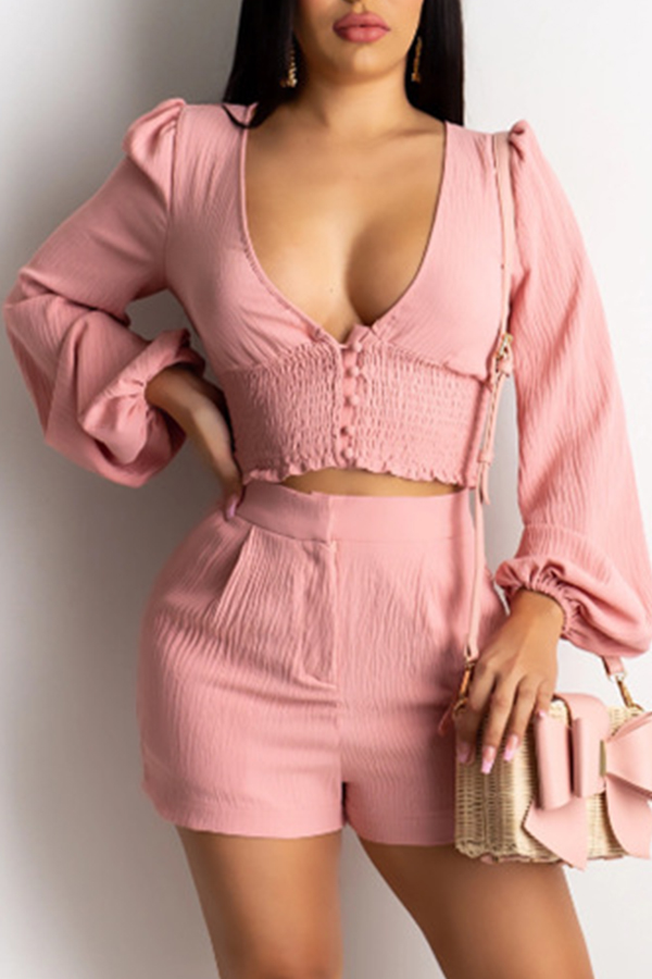 

Lovely Stylish Deep V Neck Pink Two-piece Shorts Set