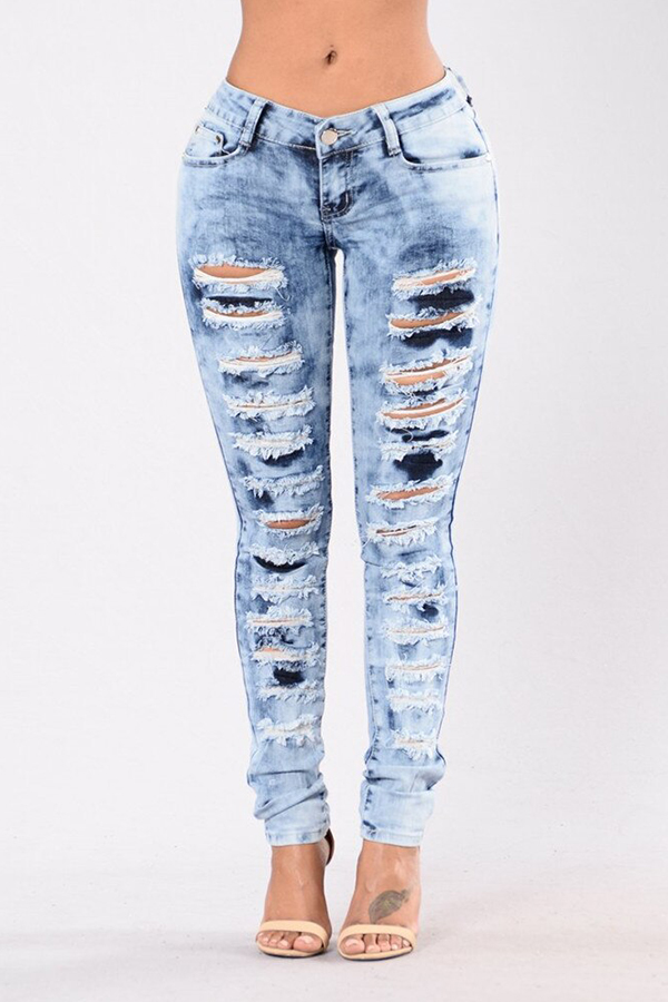 

Lovely Stylish Hollow-out Baby Blue Jeans