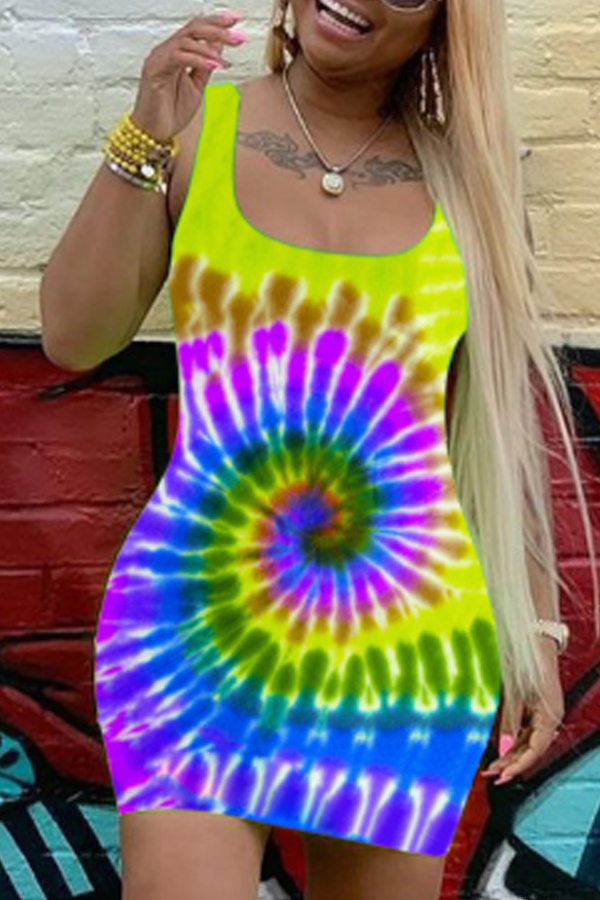 

Lovely Casual Tie-dye Yellow Mini Dress