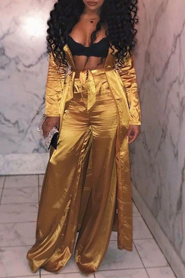 

Lovely Sexy Basic Gold Two-piece Pants Set