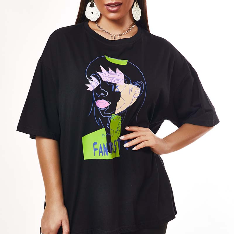 

Lovely Casual O Neck Cartoon Print Black T-shirt