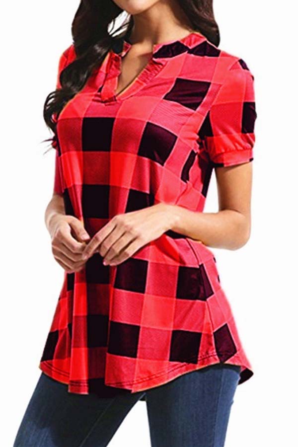 

Lovely Trendy Grid Print Red Blouse