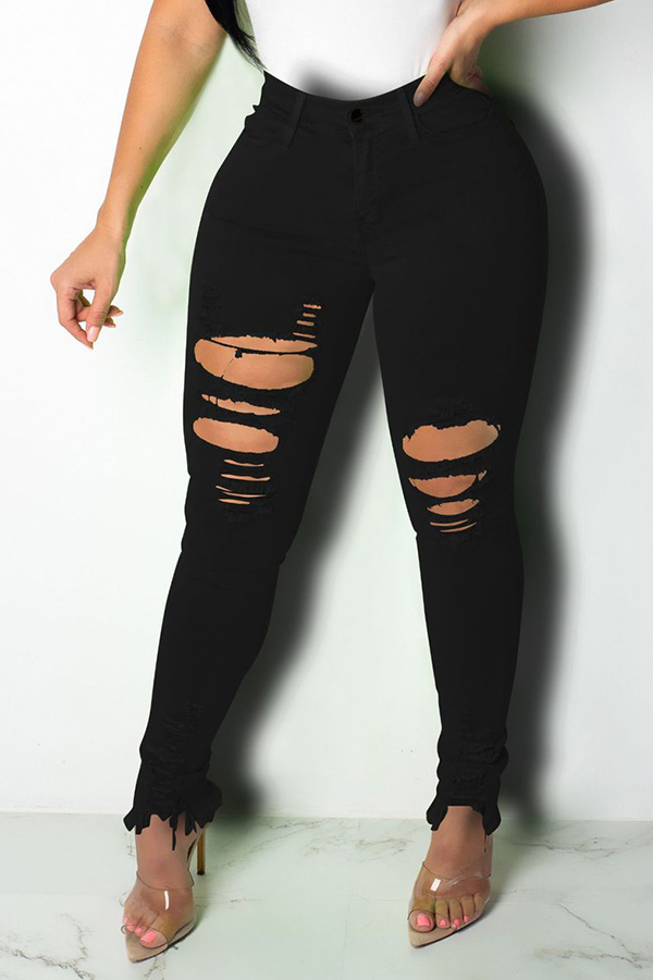 

Lovely Trendy Broken Holes Black Jeans