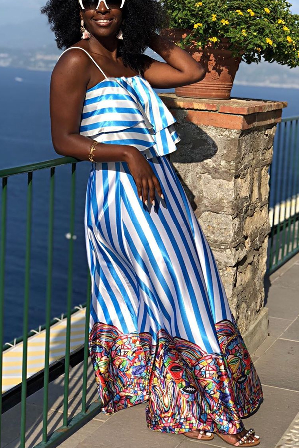 

Lovely Bohemian Striped Blue Two-piece Skirt Set