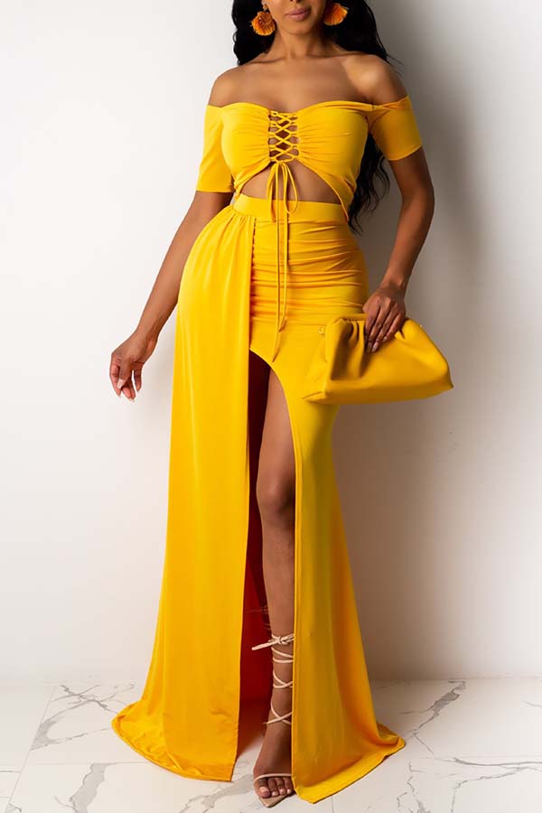 

Lovely Sexy Bandage Design Yellow Two-piece Skirt Set