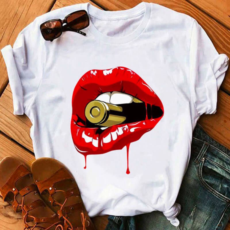 LW Plus Size Leisure O Neck Lip Print Red T-shirt