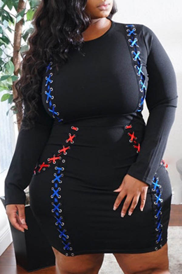 

Lovely Casual O Neck Bandage Design Black Mini Plus Size Dress