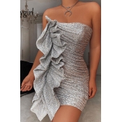 Lovely Party Flounce Patchwork Silver Prom Dress