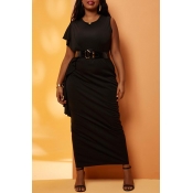 Lovely Casual Flounce Black Ankle Length Plus Size