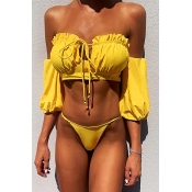 Lovely Lace-up Yellow Tow-piece Swimsuit