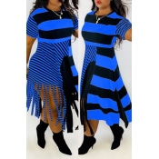 LW Plus Size Casual Tassel Print Blue Dress