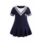 Lovely Sweet Patchwork Dark Blue Girl Knee Length 