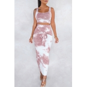 Lovely Casual Tie-dye Light Grey Two-piece Skirt S