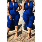 Lovely Trendy Zipper Design Blue Plus Size One-pie