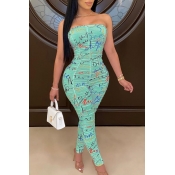 Lovely Chic Dew Shoulder Print Green One-piece Jum