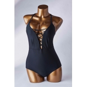 Lovely Bandage Design Black Bathing Suit One-piece