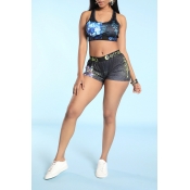 Lovely Casual U Neck Printed Blue Two-piece Shorts