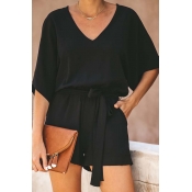 Lovely Casual Lace-up Black One-piece Romper