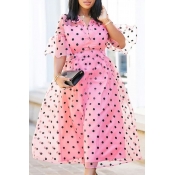 Lovely Stylish Dot Print Pink Mid Calf Dress