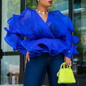 Lovely Trendy Flounce Design Blue Blouse