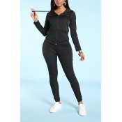 Lovely Casual Hooded Collar Black Two-piece Pants 