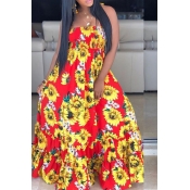 Lovely Bohemian Sunflower Print Red Maxi Dress