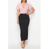 Lovely Leisure Deep V Neck Patchwork Pink Mid Calf