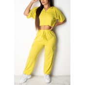 Lovely Leisure Lace-up Yellow Two-piece Pants Set
