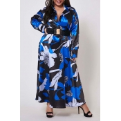 Lovely Casual Print Blue Ankle Length Plus Size Dr