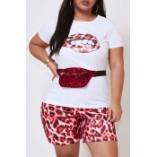 Lovely Trendy Print Red Plus Size Two-piece Shorts