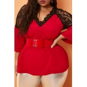 Lovely Trendy Lace Patchwork Red Plus Size Blouse