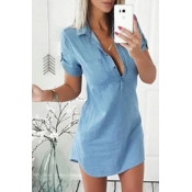 Lovely Leisure Buttons Design Blue Mini Dress