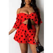 Lovely Sweet Dot Print Red Two-piece Shorts Set