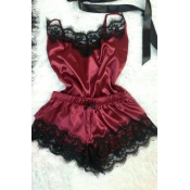 Lovely Sexy Lace Patchwork Wine Red Sleepwear
