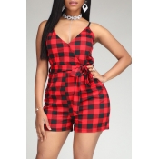 Lovely Trendy Grid Print Red One-piece Romper