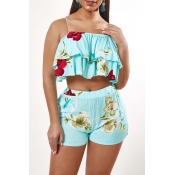 Lovely Bohemian Print Baby Blue Two-piece Shorts S