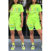 Lovely Leisure Letter Print Green Two-piece Shorts