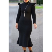 Lovely Casual Flounce Design Black Mid Calf Plus S