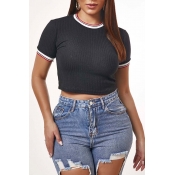 Lovely Casual O Neck Patchwork Black T-shirt