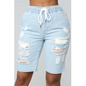 Lovely Casual Broken Holes Baby Blue Shorts