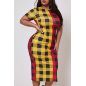 Lovely Trendy O Neck Grid Print Red Mid Calf Plus 