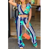Lovely Casual Striped Print Green Two-piece Pants 