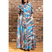 Lovely Casual Print Blue Maxi Plus Size Dress